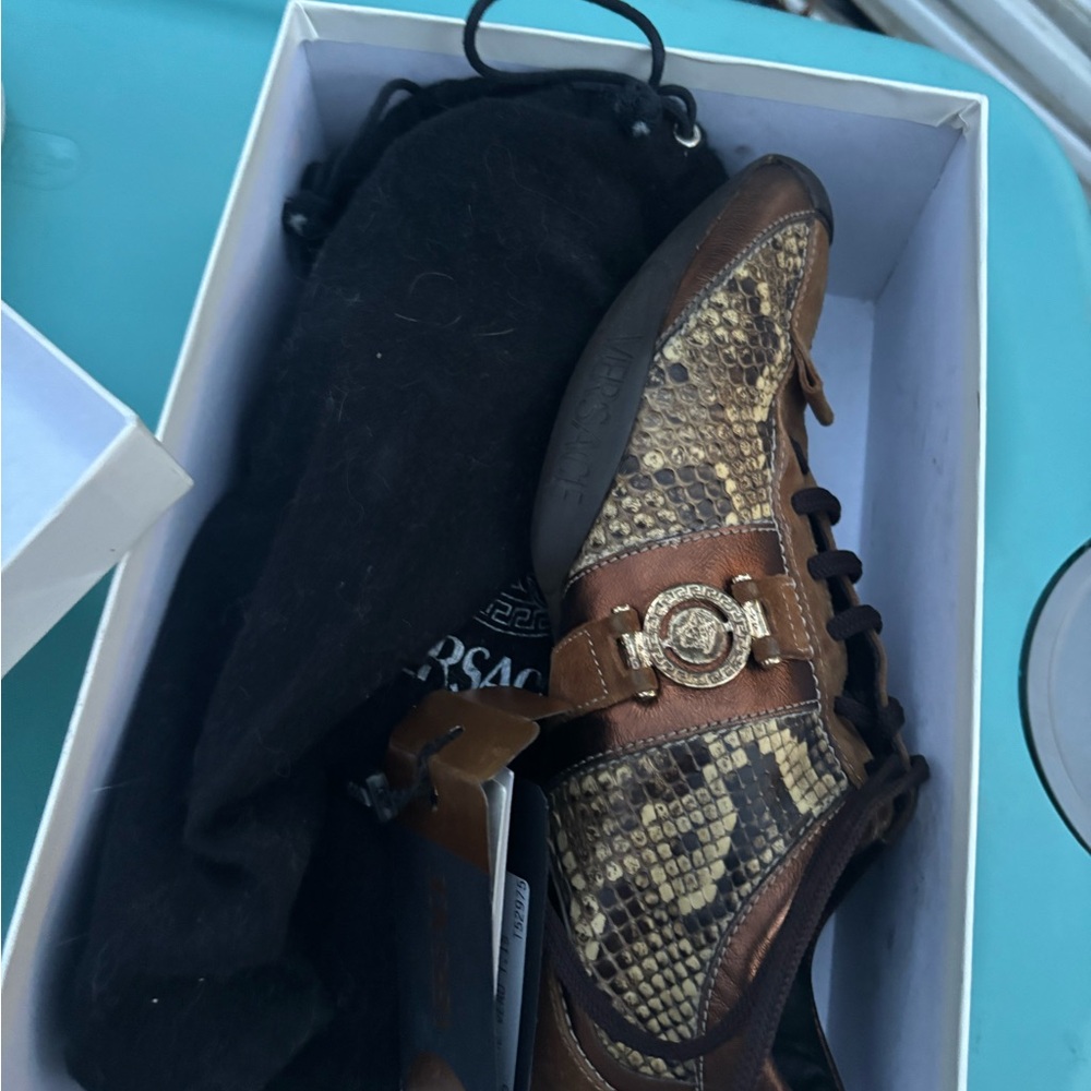 Versace Snake Print Sneakers in Brown and Tan